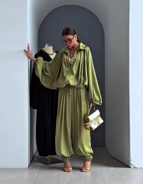 Load image into Gallery viewer, Women's Casual Loose Coats Pants Set Full Sleeve Lapel Zippers Solid Spring Suit High Waist Wide Leg Pants2026
