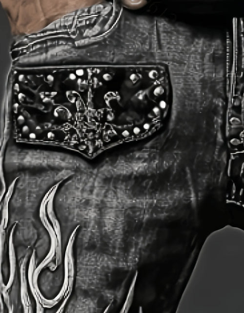 Load image into Gallery viewer, Men's Vintage Washed Straight Leg Denim Jeans, Skull Flame Graphic Print Rivet Studded Design, Loose Fit
