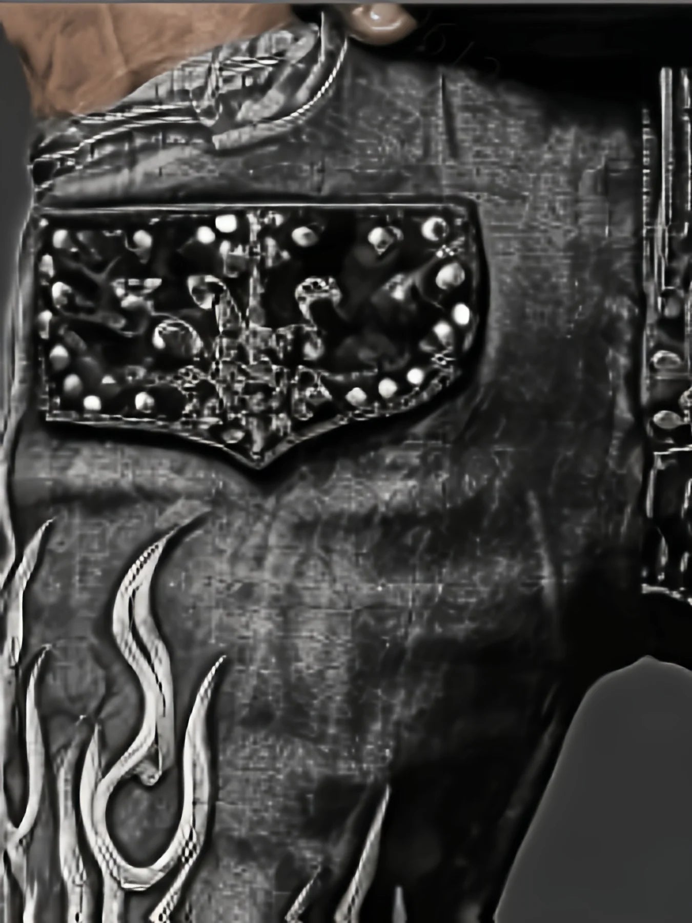 Men's Vintage Washed Straight Leg Denim Jeans, Skull Flame Graphic Print Rivet Studded Design, Loose Fit