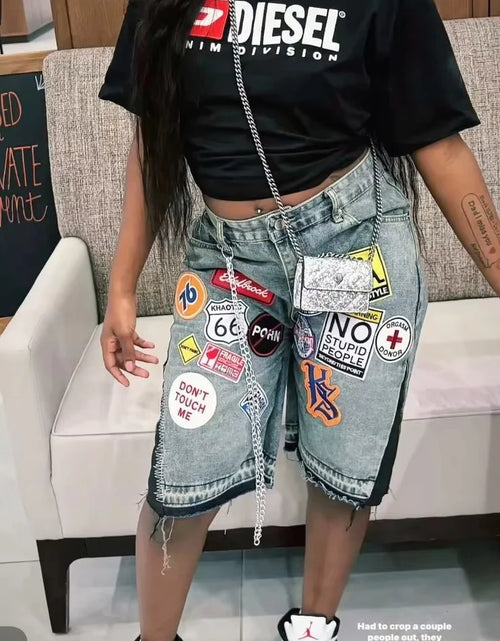 Load image into Gallery viewer, Retro Blue Streetwear Patchwork Denim Short Y2K Jeans Women Hip Hop Cartoon Graphics Loose Metal Denim Shorts
