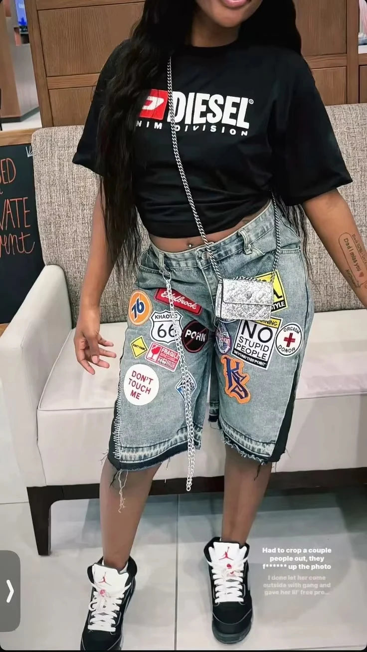 Retro Blue Streetwear Patchwork Denim Short Y2K Jeans Women Hip Hop Cartoon Graphics Loose Metal Denim Shorts