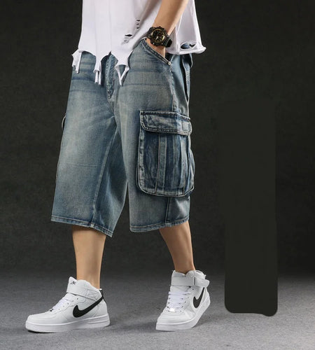 Men's Plus Size Loose Baggy Denim Shorts Fashion Streetwear Hip Hop Cargo Jeans Shorts