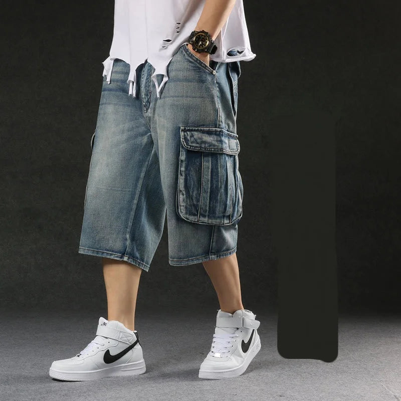 Men's Plus Size Loose Baggy Denim Shorts Fashion Streetwear Hip Hop Cargo Jeans Shorts