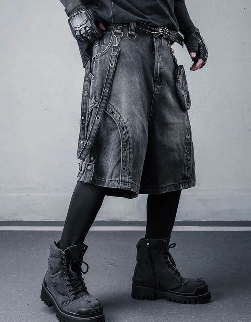 Load image into Gallery viewer, 2026 Summer Washed Vintage Punk Jean Shorts With Small Pouch Style Metal Eyelets Spliced Denim Shorts
