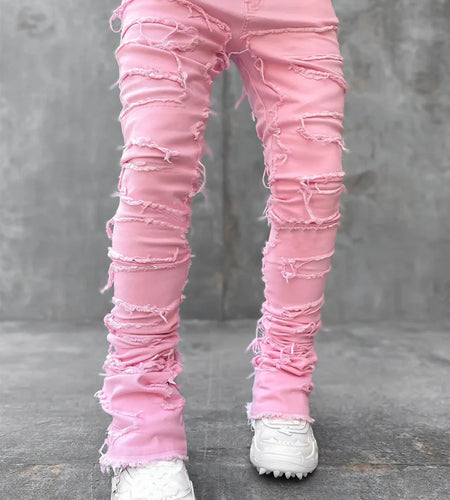 Men's Regular Fit Stacked Jeans Ripped Slim Fit Distressed Destroyed Straight Denim Pants Hip Hop Streetwear
