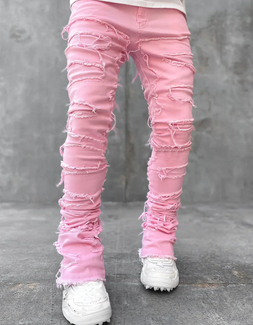 Load image into Gallery viewer, Men's Regular Fit Stacked Jeans Ripped Slim Fit Distressed Destroyed Straight Denim Pants Hip Hop Streetwear
