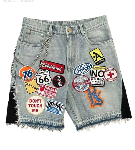Retro Blue Streetwear Patchwork Denim Short Y2K Jeans Women Hip Hop Cartoon Graphics Loose Metal Denim Shorts