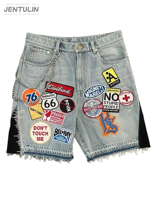 Load image into Gallery viewer, Retro Blue Streetwear Patchwork Denim Short Y2K Jeans Women Hip Hop Cartoon Graphics Loose Metal Denim Shorts
