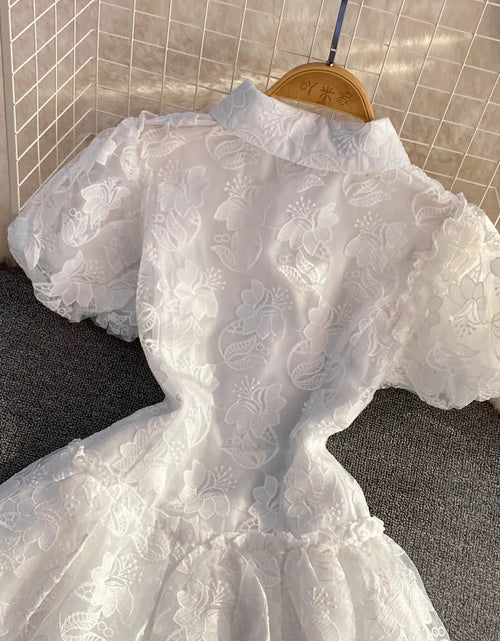 Load image into Gallery viewer, Women's Vintage Lace Gown Mini Dress Turn down Collar Puff Sleeve Single Breasted Elegant above Knee Elegant Office Lady Dress
