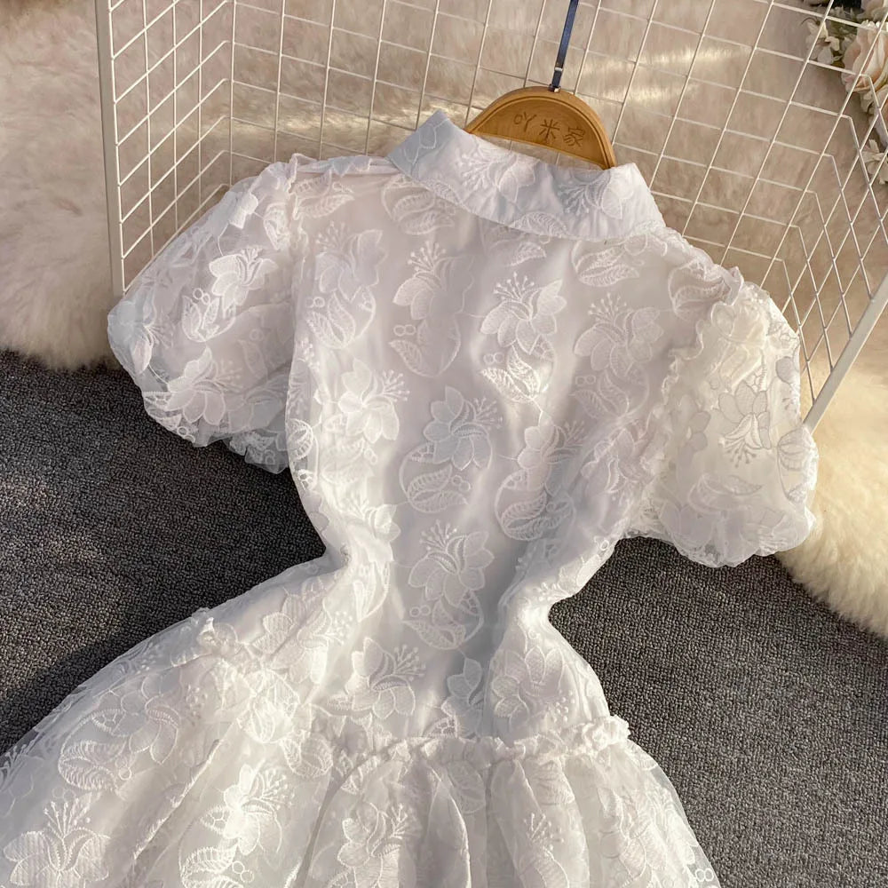 Women's Vintage Lace Gown Mini Dress Turn down Collar Puff Sleeve Single Breasted Elegant above Knee Elegant Office Lady Dress