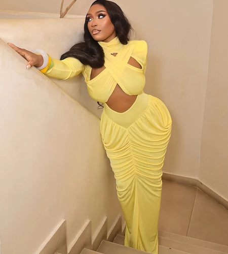 Women's High Neck Solid Full Sleeve Hollow Out Scrunch Maxi Dress New Arrivals 2026 Sexy  Long Dresses