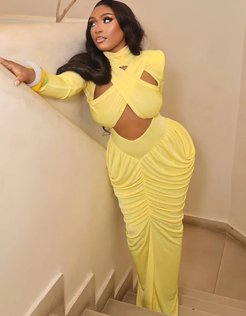 Load image into Gallery viewer, Women's High Neck Solid Full Sleeve Hollow Out Scrunch Maxi Dress New Arrivals 2026 Sexy  Long Dresses
