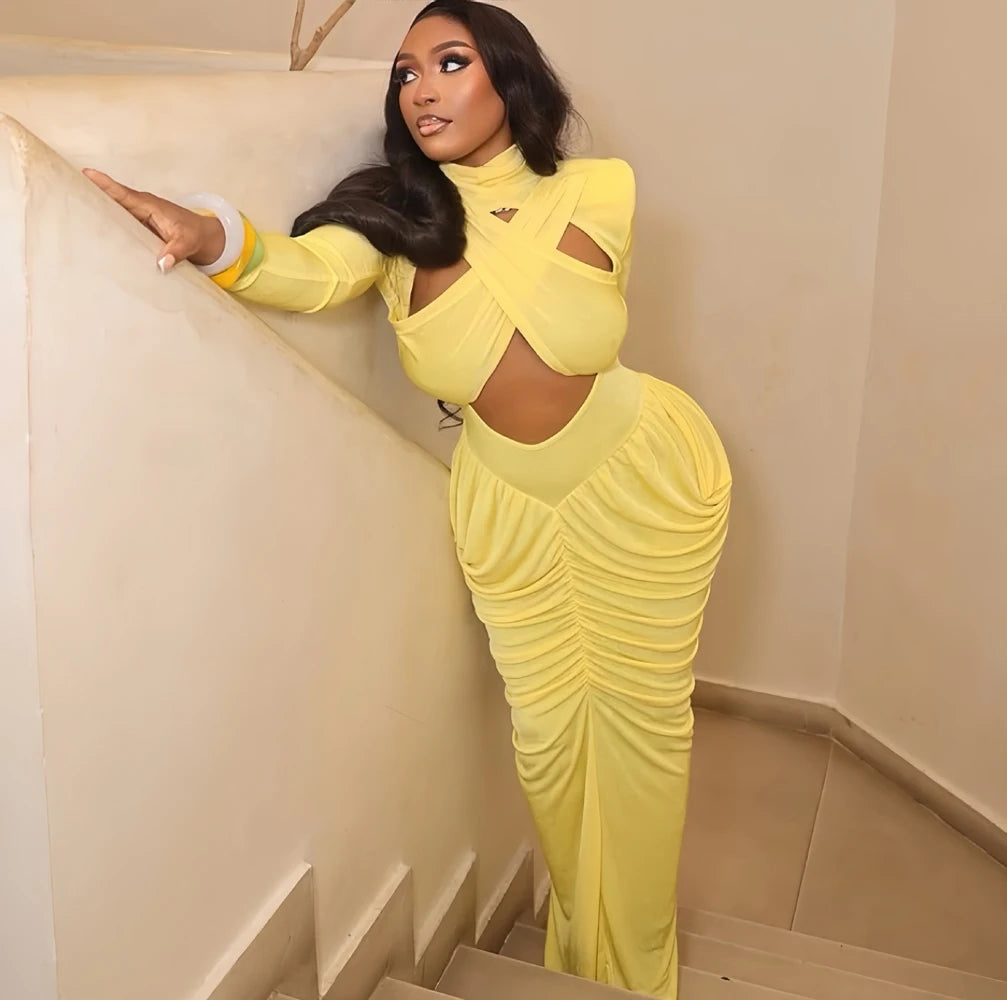 Women's High Neck Solid Full Sleeve Hollow Out Scrunch Maxi Dress New Arrivals 2026 Sexy  Long Dresses