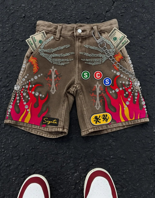 Load image into Gallery viewer, Embroidered Shorts Y2K Streetwear Men Hip Hop Baggy Denim Shorts
