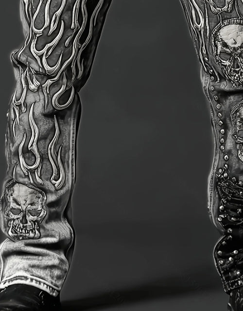 Load image into Gallery viewer, Men's Vintage Washed Straight Leg Denim Jeans, Skull Flame Graphic Print Rivet Studded Design, Loose Fit
