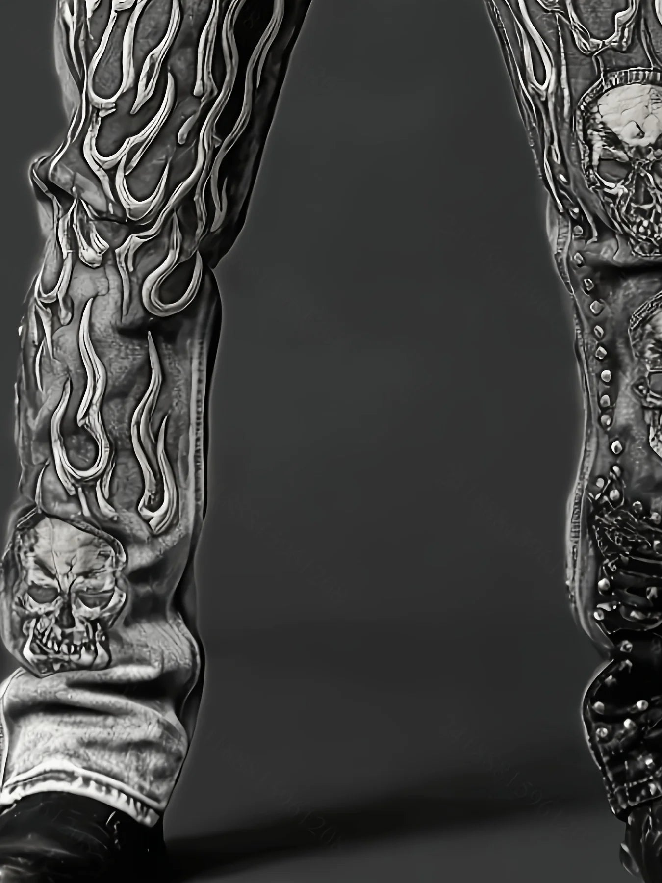 Men's Vintage Washed Straight Leg Denim Jeans, Skull Flame Graphic Print Rivet Studded Design, Loose Fit