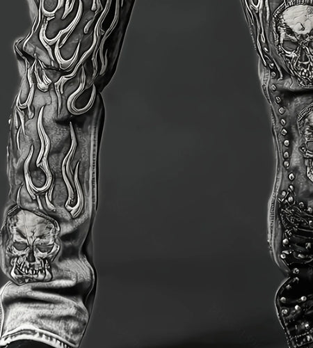 Men's Vintage Washed Straight Leg Denim Jeans, Skull Flame Graphic Print Rivet Studded Design, Loose Fit