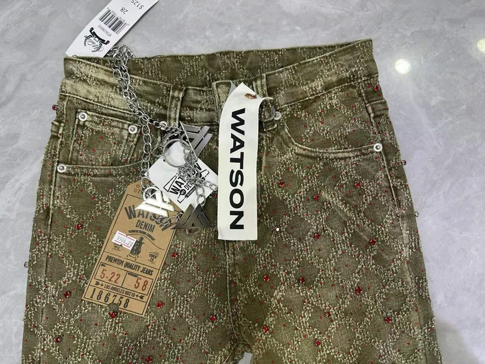 2026 Rhinestone Men's High Street quality Slim Fit Skinny long Denim Flared Jeans Pants
