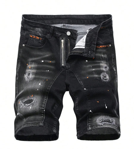 Men's Summer Ripped Denim Shorts Straight Stretch Casual Thin Knee-Length Trousers Fashion Brand Daily Wear Zip Fly Cotton Blend