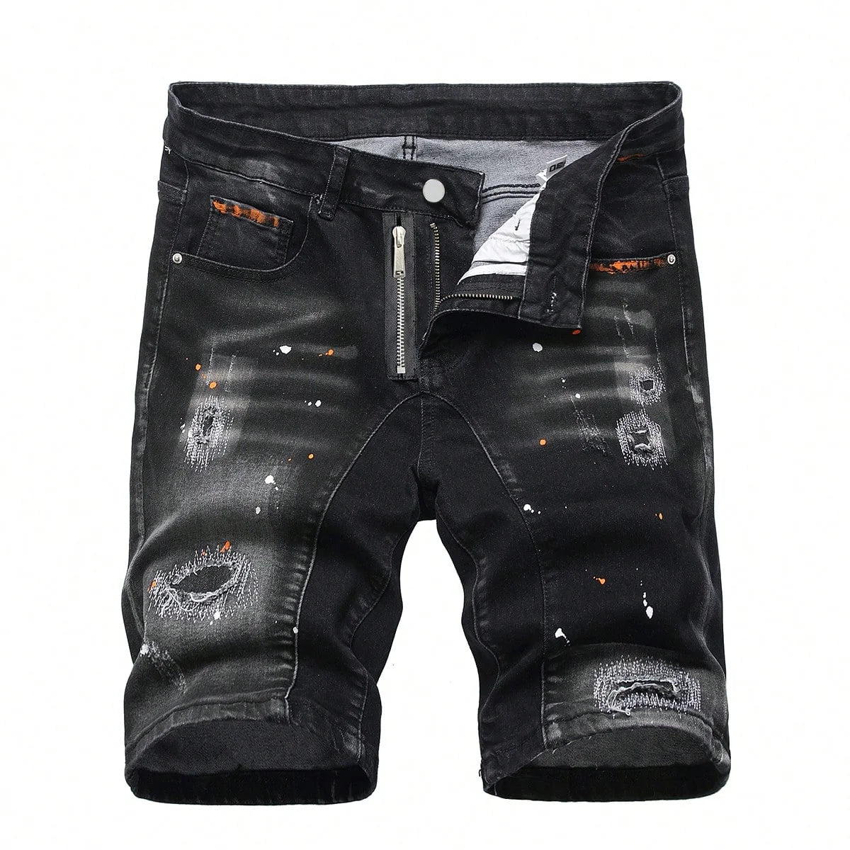 Men's Summer Ripped Denim Shorts Straight Stretch Casual Thin Knee-Length Trousers Fashion Brand Daily Wear Zip Fly Cotton Blend
