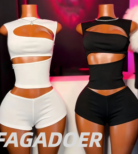 Women's Sexy Hollow-out Two Piece Sets Sleeveless Crop Top + Shorts