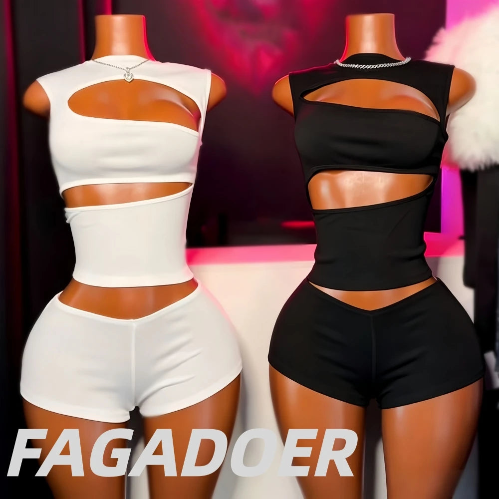 Women's Sexy Hollow-out Two Piece Sets Sleeveless Crop Top + Shorts