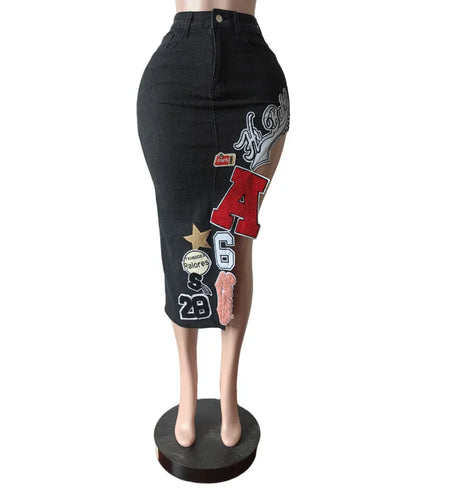 Women's Letter Embroidery Asymmetrical Denim Skirt Vintage Button Fly High Waist Stretch Jeans Calf-length