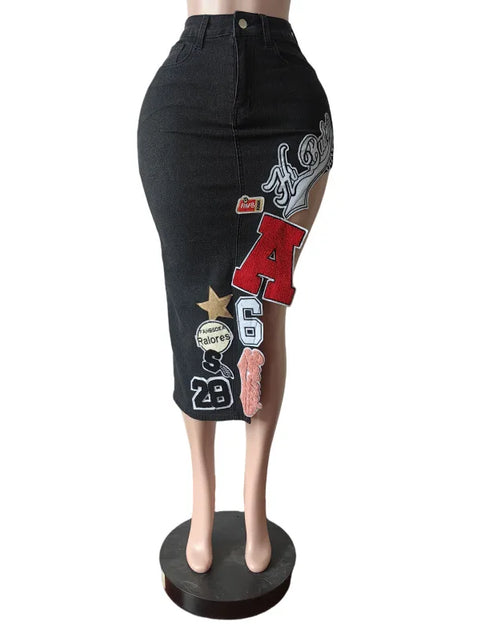 Load image into Gallery viewer, Women's Letter Embroidery Asymmetrical Denim Skirt Vintage Button Fly High Waist Stretch Jeans Calf-length
