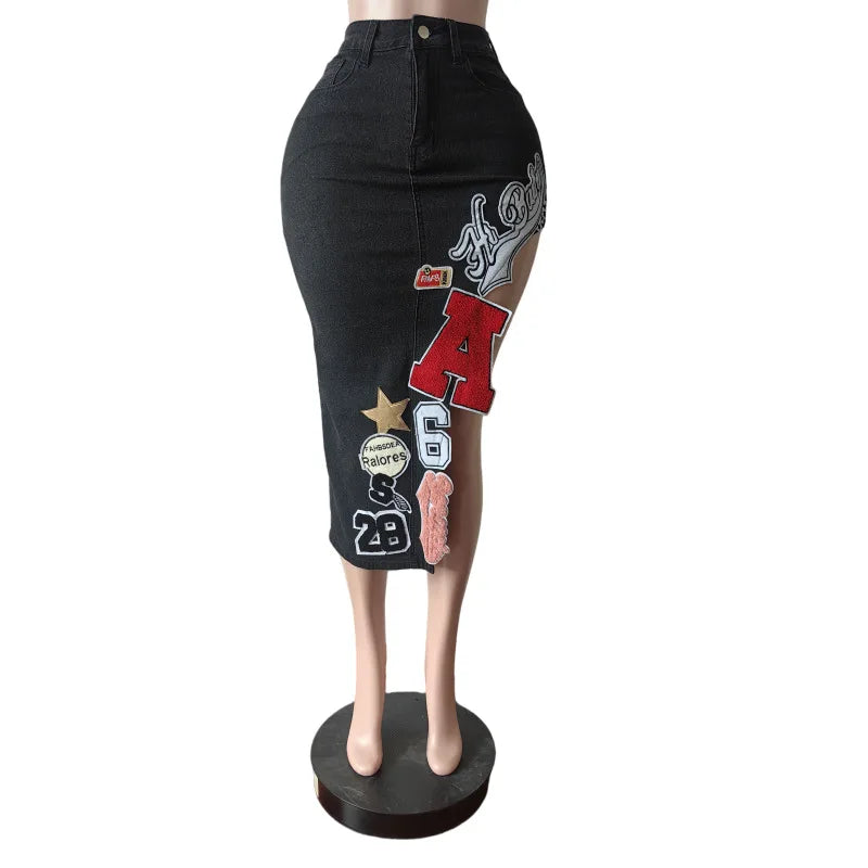 Women's Letter Embroidery Asymmetrical Denim Skirt Vintage Button Fly High Waist Stretch Jeans Calf-length
