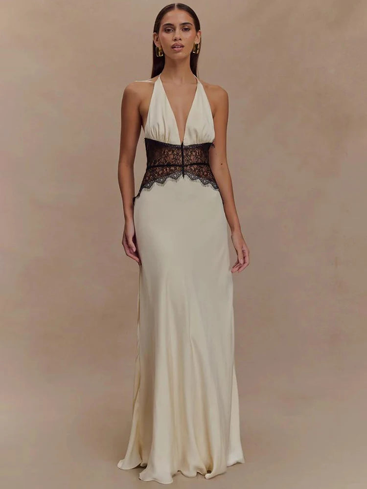 Summer Sexy Maxi Dress Women's Backless Lace Halter Deep V Neck Sleeveless High Waist Elegant Long Gown Floor-Length Polyester