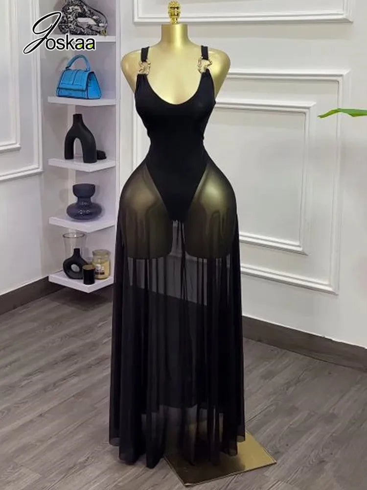 Solid Holiday Sexy Mesh See Through A-line Bodysuit Tank Long Maxi Dress