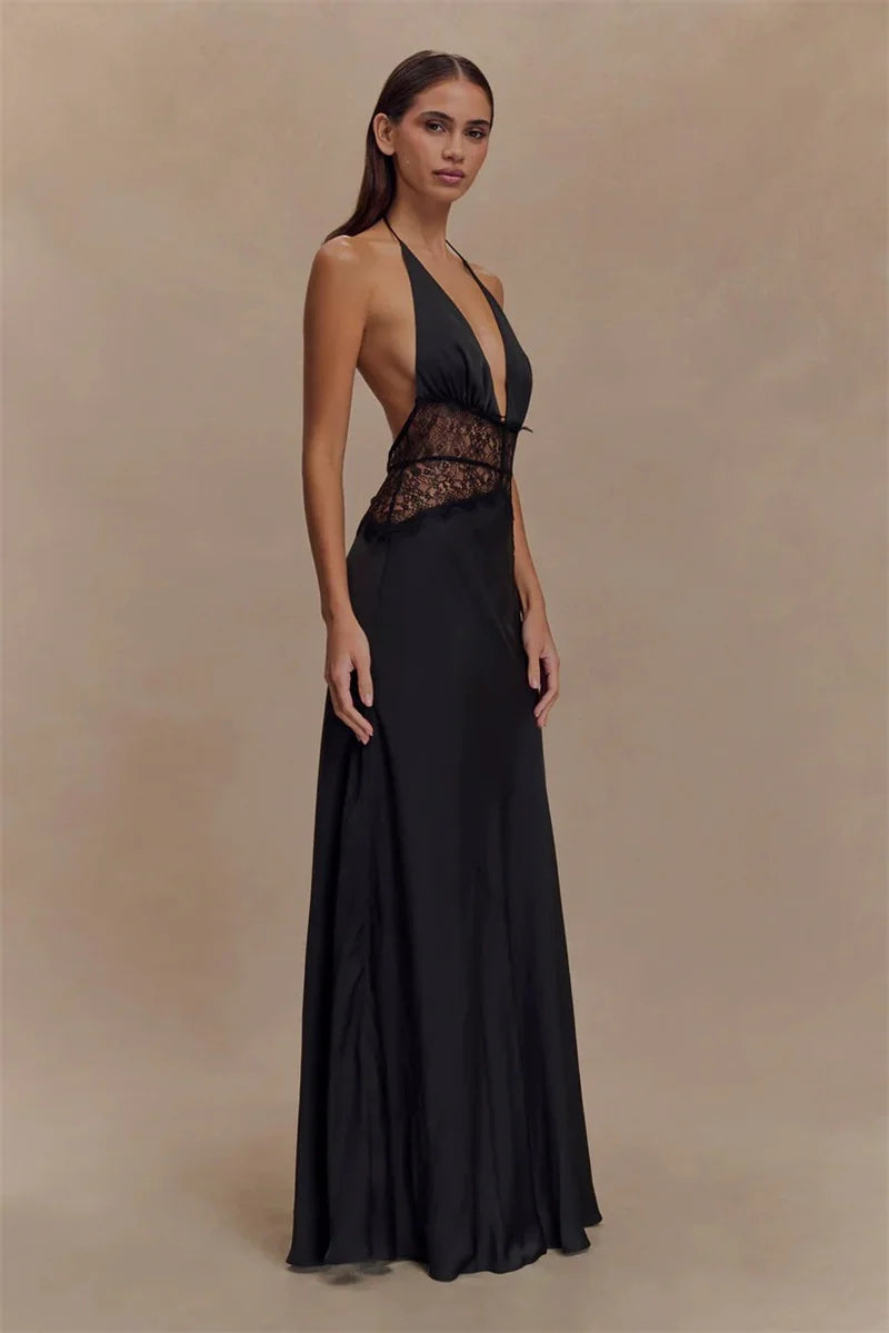 Summer Sexy Maxi Dress Women's Backless Lace Halter Deep V Neck Sleeveless High Waist Elegant Long Gown Floor-Length Polyester