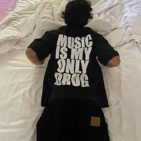 Music is My Only Drug Fun English Short-sleeved T-shirt Summer Cotton Short Sleeved Trendy Men Streetwear
