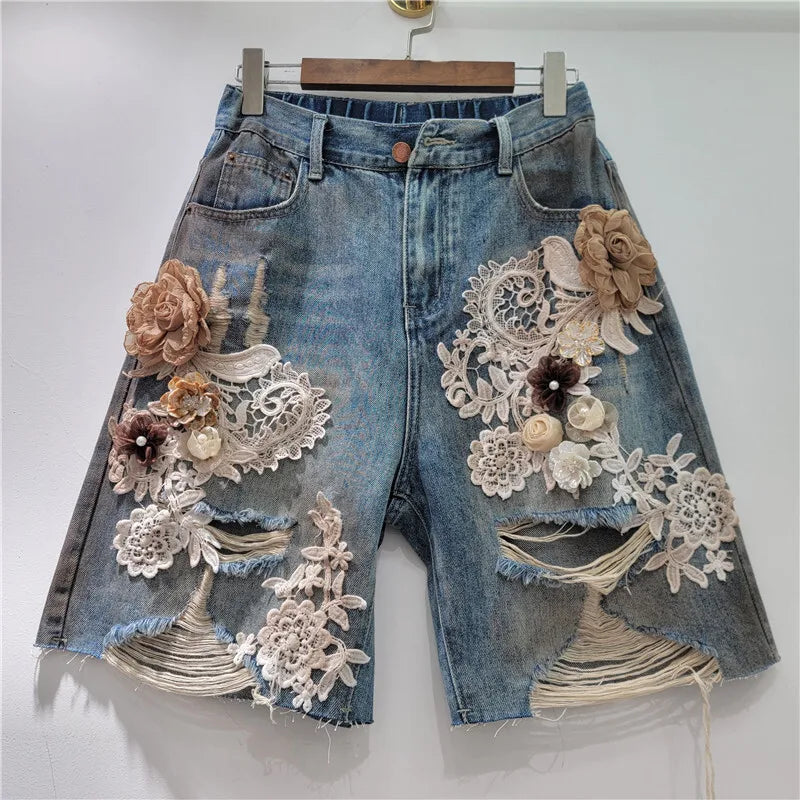 Women's Denim Shorts Elastic Waist Distressed Patchwork Lace Flowers 2026 Summer New Fashion