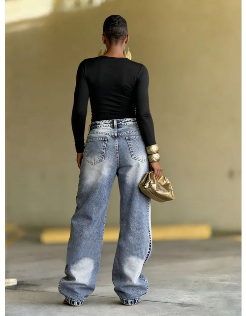 Load image into Gallery viewer, Women Straight Pants Jeans Long Length Tassels Trousers Stretch Mid Waist Washed Vintage Distressed

