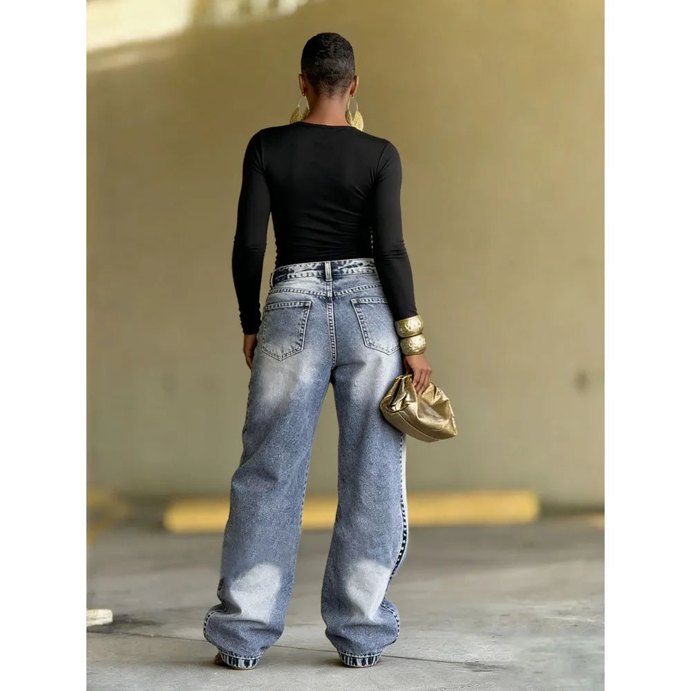 Women Straight Pants Jeans Long Length Tassels Trousers Stretch Mid Waist Washed Vintage Distressed