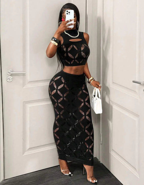 Load image into Gallery viewer, Women's Sexy Two Piece Set See Through Mesh Hollow Out Crop Tank &amp; High Waist Bodycon Mini Skirt Stretchy Clubwear
