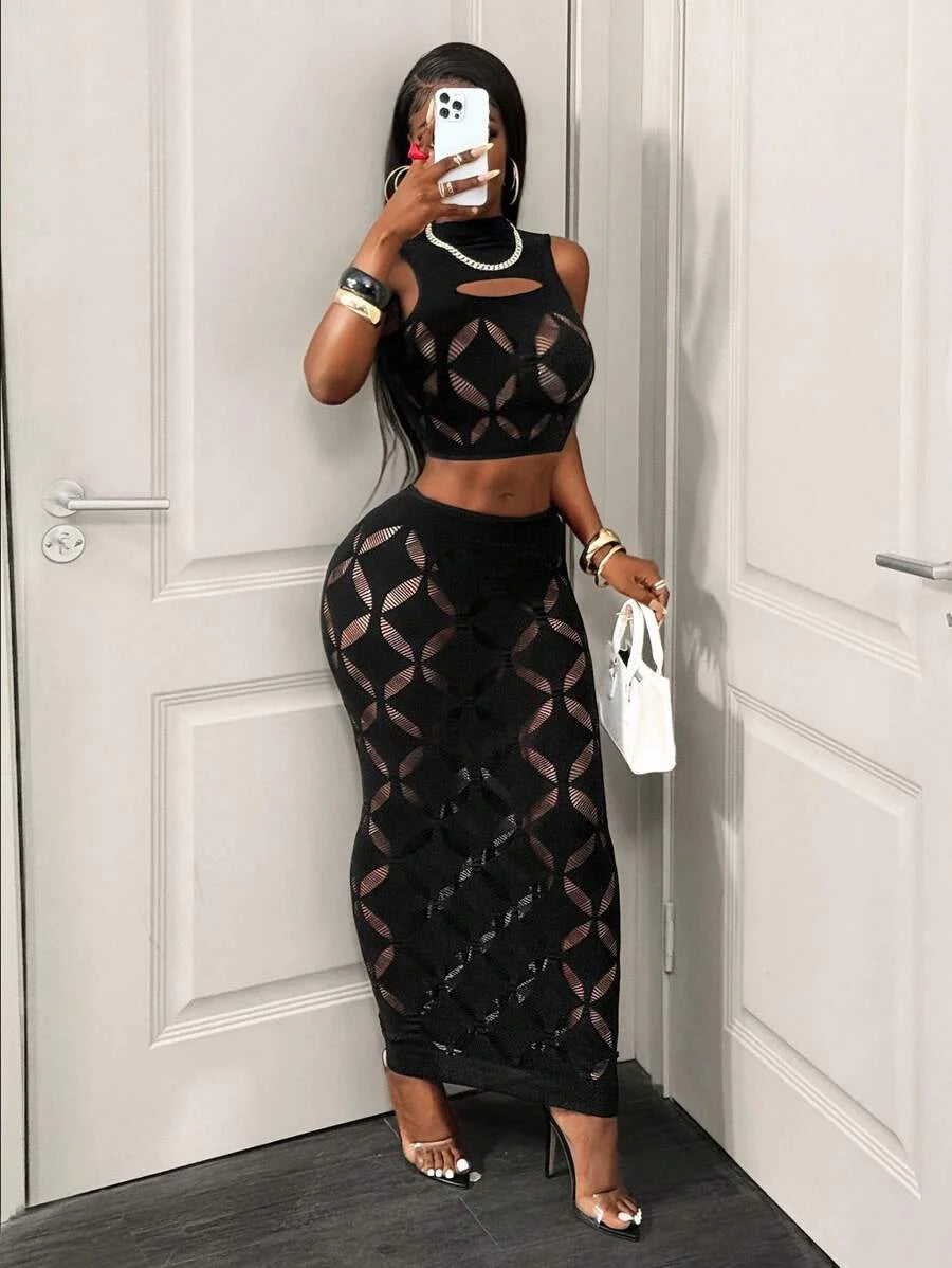 Women's Sexy Two Piece Set See Through Mesh Hollow Out Crop Tank & High Waist Bodycon Mini Skirt Stretchy Clubwear