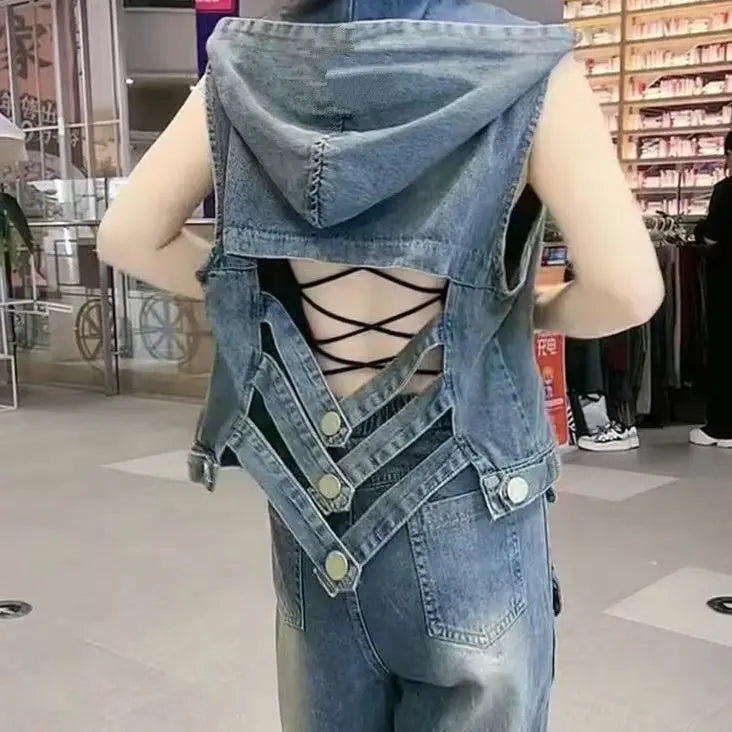 Women's style backless fashion simple jean vest  lightweight