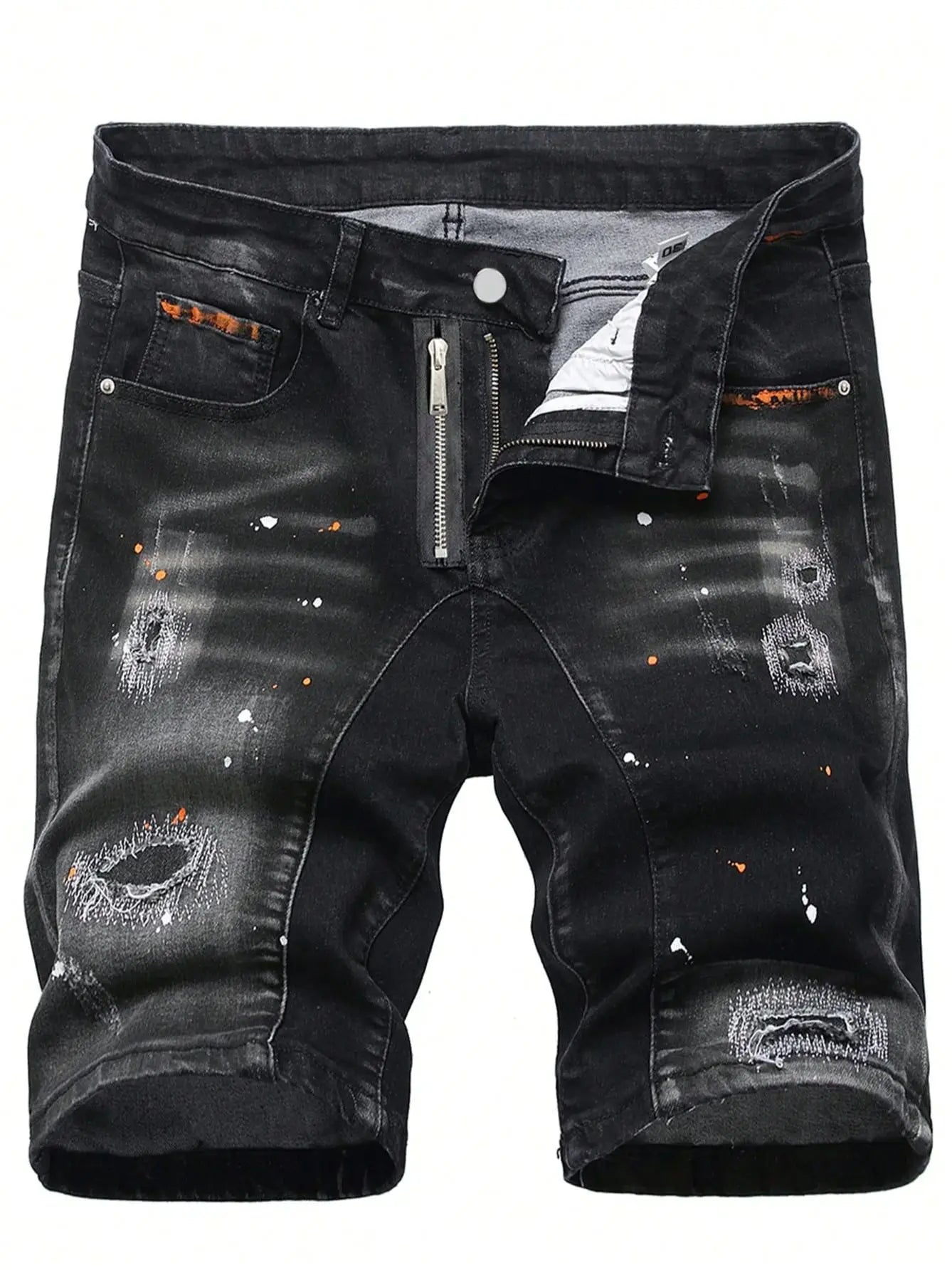 Men's Summer Ripped Denim Shorts Straight Stretch Casual Thin Knee-Length Trousers Fashion Brand Daily Wear Zip Fly Cotton Blend