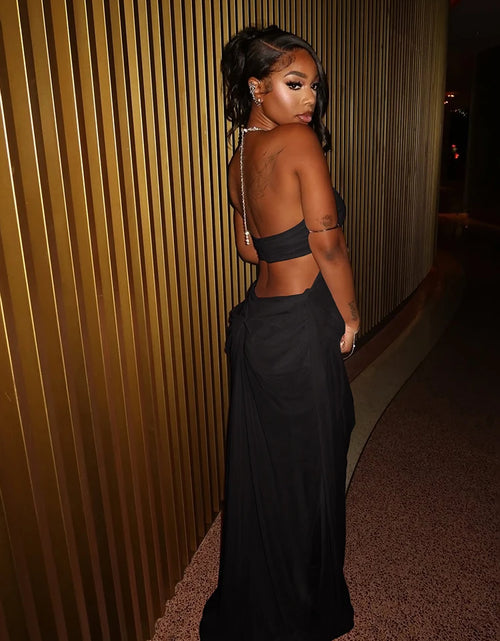 Load image into Gallery viewer, Sexy Backless Irregular Design Mesh See Through Beach Dress Women Halter Chain Deep V Scrunch Style
