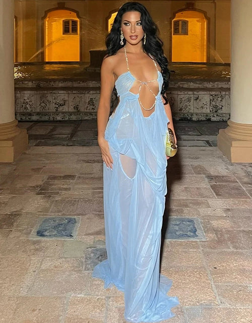 Load image into Gallery viewer, Sexy Backless Irregular Design Mesh See Through Beach Dress Women Halter Chain Deep V Scrunch Style
