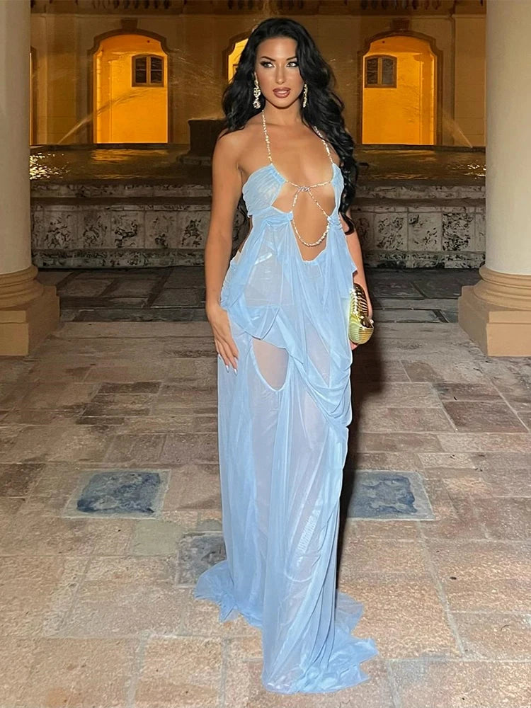 Sexy Backless Irregular Design Mesh See Through Beach Dress Women Halter Chain Deep V Scrunch Style