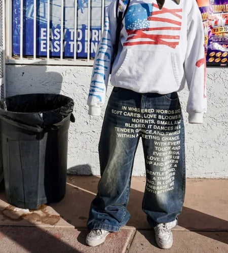 Men's retro Unique patterned alphabet  jeans personalized street clothing