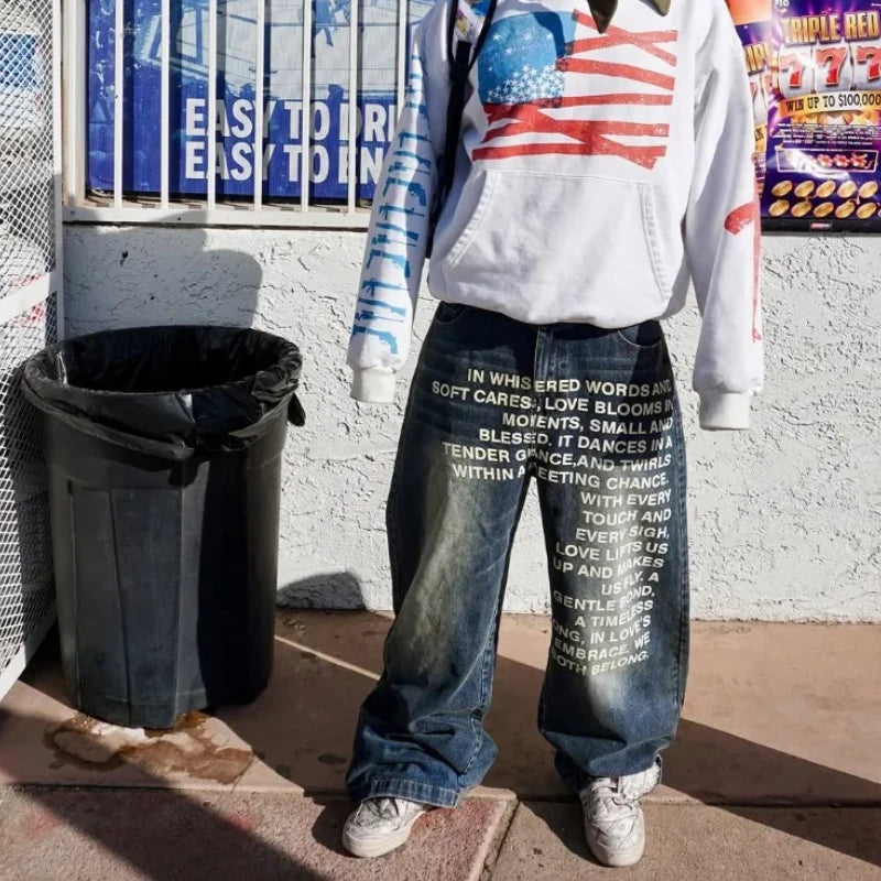 Men's retro Unique patterned alphabet  jeans personalized street clothing