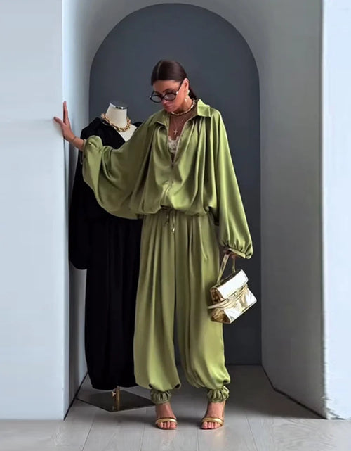 Load image into Gallery viewer, Women's Casual Loose Coats Pants Set Full Sleeve Lapel Zippers Solid Spring Suit High Waist Wide Leg Pants2026
