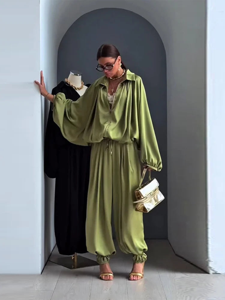 Women's Casual Loose Coats Pants Set Full Sleeve Lapel Zippers Solid Spring Suit High Waist Wide Leg Pants2026