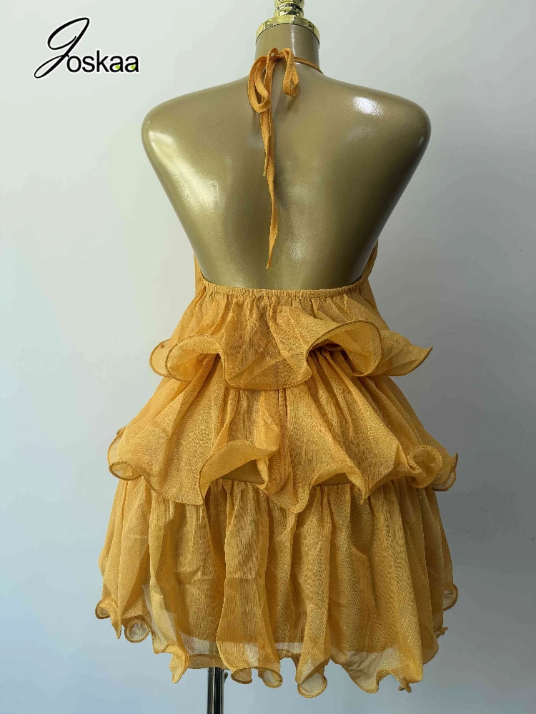 Women Summer Backless Yellow  Dress Sexy Halter  Ruffles Tiered Mini Beach Dress 2026