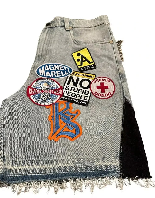 Load image into Gallery viewer, Retro Blue Streetwear Patchwork Denim Short Y2K Jeans Women Hip Hop Cartoon Graphics Loose Metal Denim Shorts
