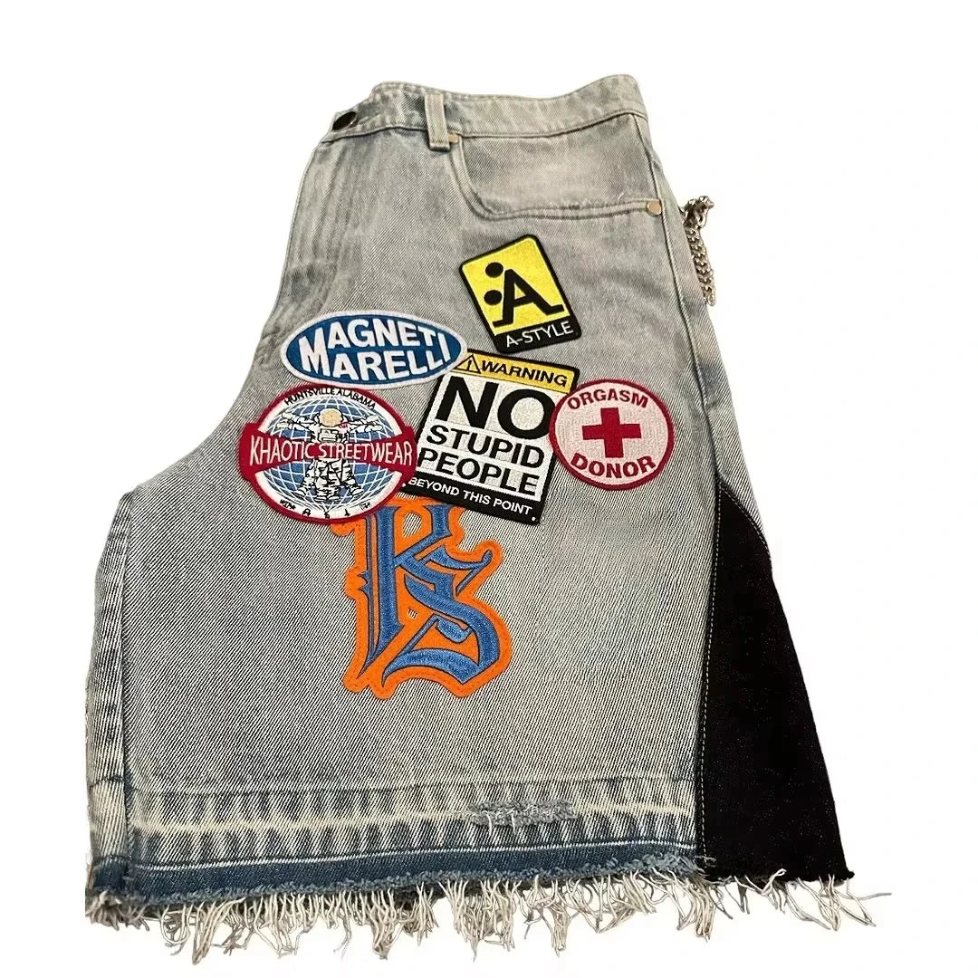 Retro Blue Streetwear Patchwork Denim Short Y2K Jeans Women Hip Hop Cartoon Graphics Loose Metal Denim Shorts